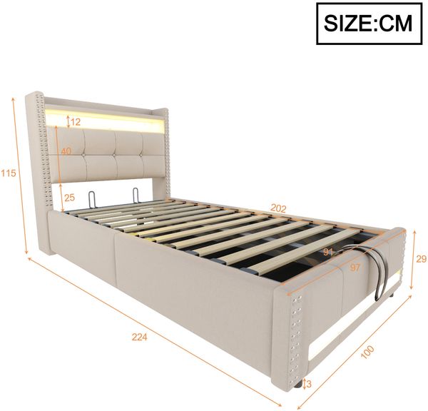 Polsterbett 90x200 cm mit Stauraum, LED-Beleuchtung und USB-Steckdose – Leinenbezug, Hydraulik Bild 6