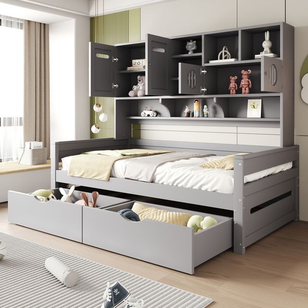 Multifunktionales Schlafsofa mit Stauraum & Schubladen,aus Kiefernholz 90x200 cm,Grau,platzsparendes Jugendbett