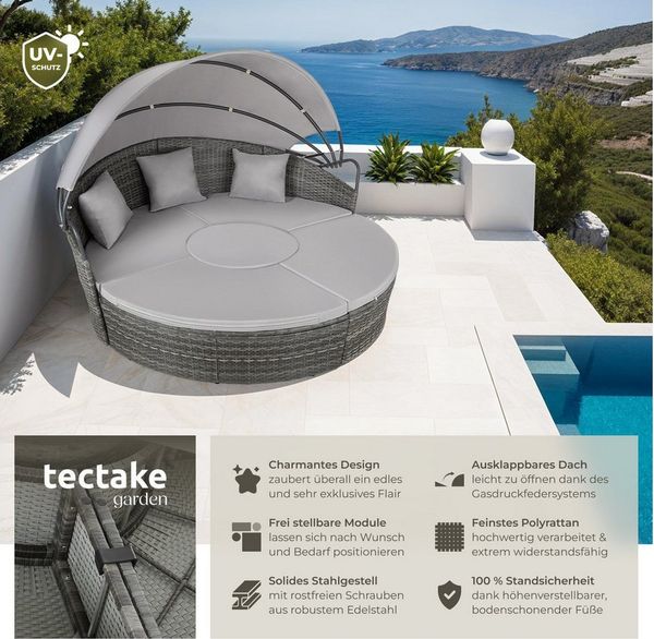 tectake Loungeset Rattan Sonneninsel Santorin - UV-beständig und widerstandsfähig, (Gartenlounge-set Santorin, 5-tlg, geeignet für Outdoor in Grau), klappbares Sonnendach & höhenverstellbare Füße