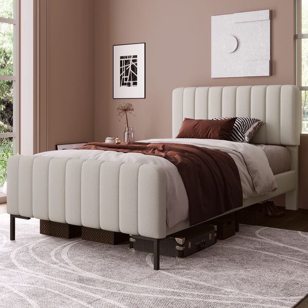 Polsterbett Einzelbett 90 x 200 cm, Bettgestell mit Lattenrost und Verstellbares Kopfteil, Gepolstertes bett in Grau-Beige,Bettrahmen Jugendbett fr Schlafzimmer G?stezimmer-Leinenmaterial