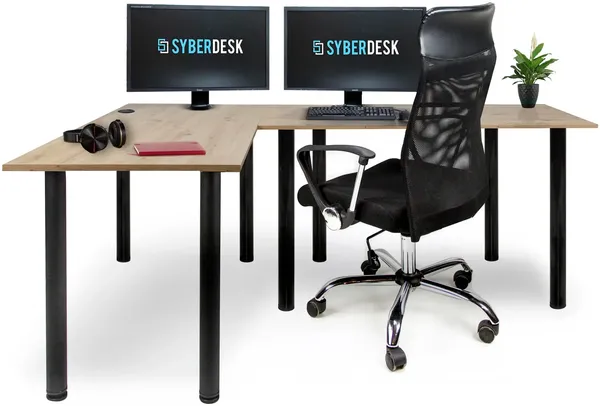 SyberDesk Gaming Pro Eckschreibtisch 197 x 132 cm – großer Computertisch, Eckschreibtisch, Schreibtisch für Büro & Gaming (links, Eiche)