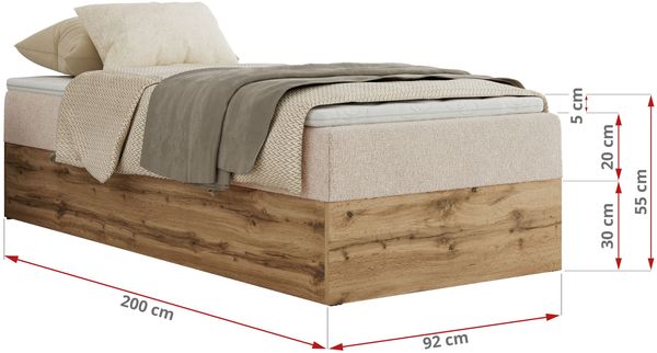 Boxspringbett, Einzelbett WOOD ZERO 90 x 200 cm, Hotelbett ohne Kopfteil, Bett mit Stauraum, 7-Zonen Multipocket-Matratze - Creme Strukture - H4 - Topper Visco Bild 6