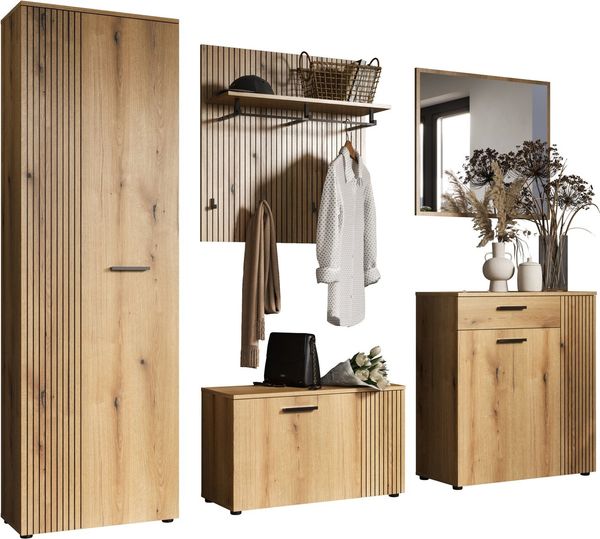 Home affaire Garderoben-Set Amrum, (Komplett-Set, 5-St), Set bestehend aus: Schrank, Sitzbank, Wandpaneel, Kommode & Spiegel