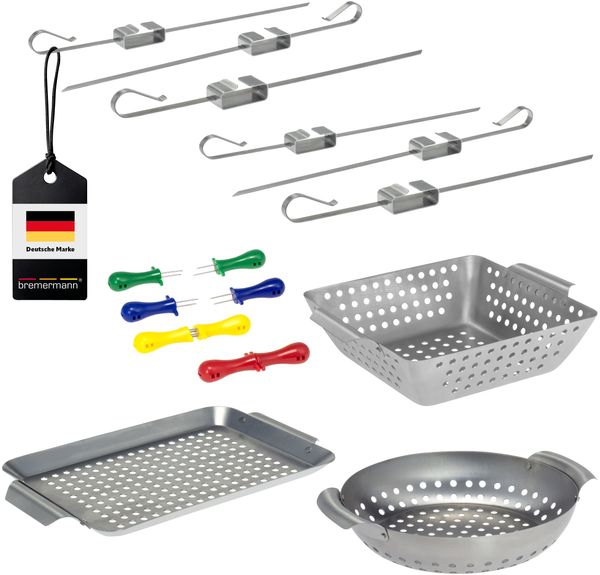 Veggie Grill-Set 13tlg. Grillkörbe, Grillplatten, Grillspießen und Maiskolbenhaltern aus rostfreiem Edelstahl
