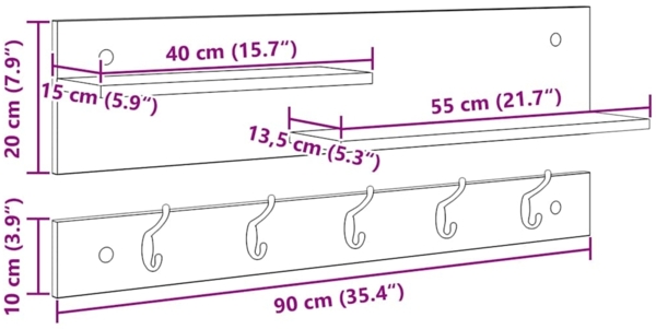 vidaXL Wandmontierter Kleiderständer mit Regal Altholz 90 x 15 x 36 cm 874425 Bild 10