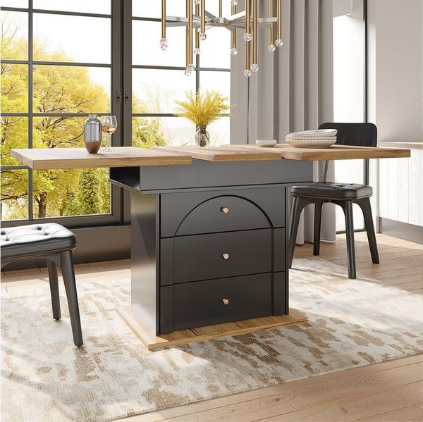 Flieks Esstisch ausziehbarer Tisch mit 2 Schubladen und 1 Türen (Tischplatte mit Holzmaserung, Länge110-140/T80/H75 cm, 1-St, 1 Tisch), erweiterbar Küchentisch rechteckig Teleskoptisch mit Stauraum schwarz