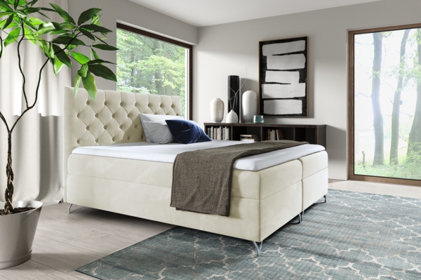 MEBLINI Boxspringbett GIULIA 160x200 cm mit Bettkasten – H4/Creme Samt Polsterbett - Doppelbett mit Topper & Taschenfederkern-Matratze Bild 1