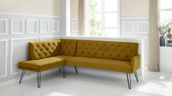 exxpo - sofa fashion Eckbank Doppio, Chesterfield Optik, komfortabel und bequem, hohe Designfüße, Frei im Raum stellbar