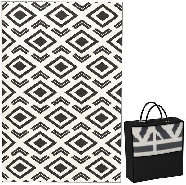 Outsunny Outdoorteppich robust, wetterfest, mit Boho-Style, Tragtasche, Rechteckig, Höhe: 0.3 mm, für Wohnzimmer Balkon Garten Terrasse Bad Flur, 182 x 274 cm Schwarz