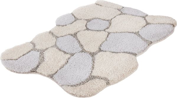 Kleine Wolke Badematte Brick, Höhe 22 mm, rutschhemmend beschichtet, fußbodenheizungsgeeignet, Polyester, rechteckig, Zweifarbiger Stein-Look in Creme & Grau mit geschwungenen Formen