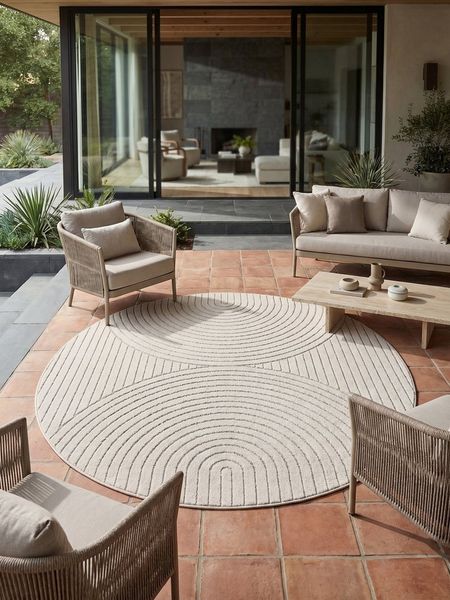 KADIMA DESIGN Outdoorteppich ENGADIN Balkon Waschbar Strapazierfähig Balkonteppich Modern 3D, Rund, Höhe: 7 mm, Creme, 80x80 cm, Outdoor Kurzflorteppich Terrasse Wohnzimmerteppich