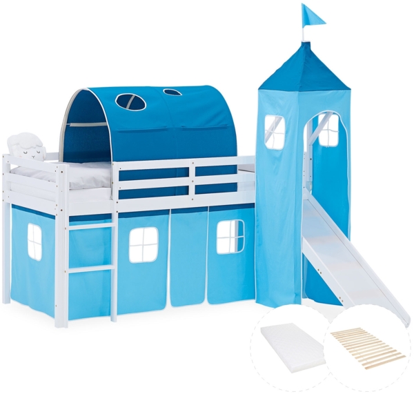 Hochbett Kinder 90x200 cm mit Matratze Rutsche Kinderbett Stockbett Vorhang Tunnel Turm Blau Lattenrost