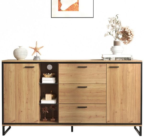 Merax Sideboard mit LED-Beleuchtung und Glasablagen, (1 St), Kommode Holz mit großem Stauraum und verstellbare Einlegeböden