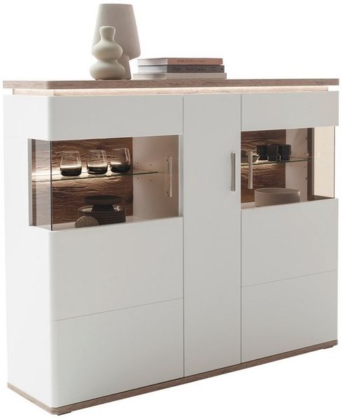 MCA furniture Vitrine Highboard Palermo, Soft white / Viking Oak, ohne Beleuchtung