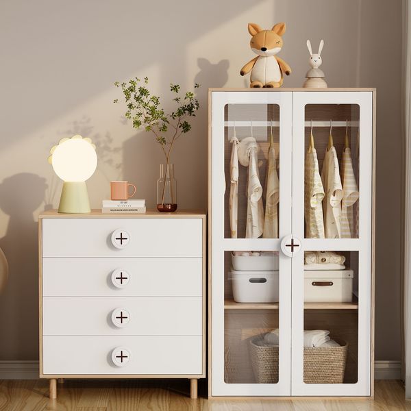 Kleiderschrank & Nachttisch Set 10-Regale Aufbewahrung Glas-Türen Weiß/Holz, Sideboard & Jugendzimmer