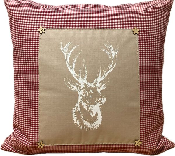 Ammerkind Dekokissen Landhausstil Kissenhülle *Hirsch* rot/beige kariert, 100% Handarbeit