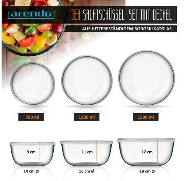 Arendo Salatschüssel 3er Set mit Deckel, Glasschüssel 0,7L / 1,1L / 1,5L, Glas Rührschüssel, Glas, (3er Set, 3-tlg), Glasschale, BPA-frei, Spülmaschinen und Mikrowellen geeignet