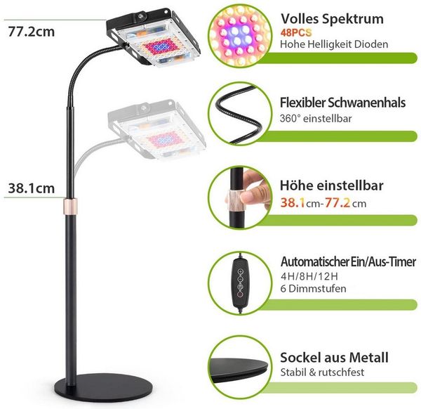 Jibenhome Pflanzenlampe Vollspektrums Pflanzenlicht, Dimmbar Wachstumslicht für Zimmerpflanzen, 3 Kopf, EU-Stecker, Timer 3/6/12h,Höhenverstellbar & 360° Schwanenhals