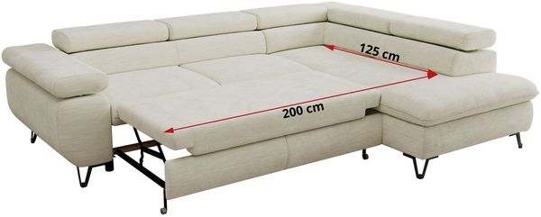 MKS Möbel 'Pablo L-Form' Ecksofa mit Schlaffunktion, verstellbare Kopfstützen, Creme, Schenille glatt, ohne Topper, Links Bild 7