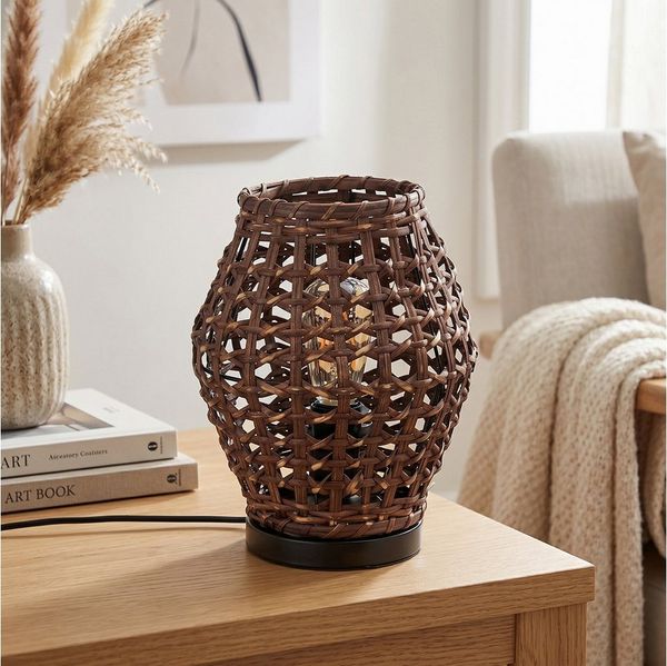 hofstein Tischleuchte Tischlampe aus Metall/Rattan in Schwarz/Braun im Vintage/Boho-Design, ohne Leuchtmittel, Tischlampe mit Lichteffekt und Schalter am Kabel, Höhe 29,5 cm, E27