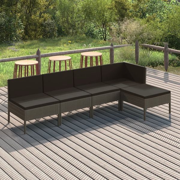 vidaXL 5-tlg. Garten-Lounge-Set mit Auflagen Poly Rattan Grau 3094370