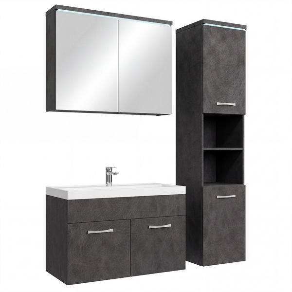 Badplaats Badezimmermöbel Set Paso 80x40 cm – Dunkelgrau – Waschtischunterschrank mit Spiegelschrank und Seitenschrank