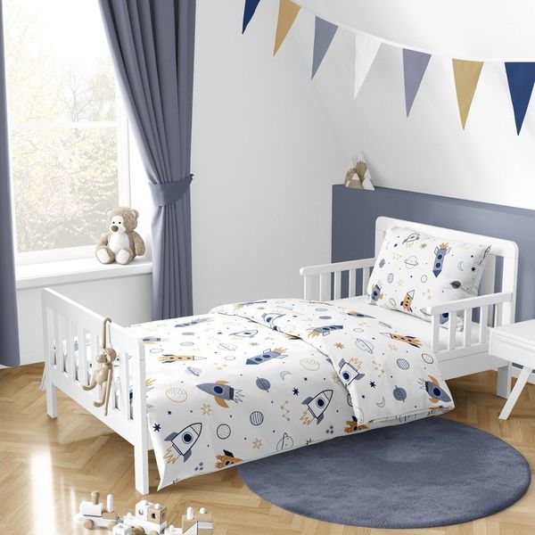 MTOnlinehandel Babybettwäsche Space Rakete • 100x135 + 40x60 cm • Planeten • Sterne, 100% Baumwolle, 2 teilig, Renforcé • Planeten • Weltall • Blau • Weiß • Beige