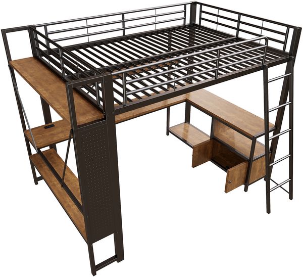 Merax Hochbett, 140 x 200 cm, Kinderbett, Doppelbett, Eisenrahmen, mit LED-Lichtleiste, Schreibtisch, Stauraum, mehreren Regalen, Lochwand, USB-Anschluss, schwarz Bild 7