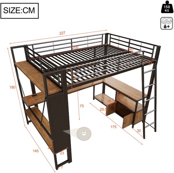 Merax Hochbett, 140 x 200 cm, Kinderbett, Doppelbett, Eisenrahmen, mit LED-Lichtleiste, Schreibtisch, Stauraum, mehreren Regalen, Lochwand, USB-Anschluss, schwarz Bild 4