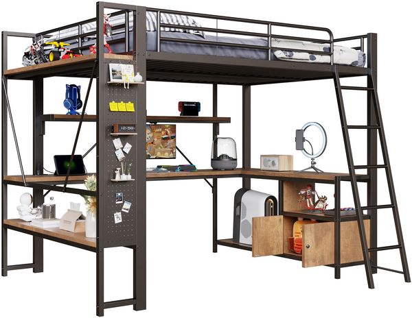 Merax Hochbett, 140 x 200 cm, Kinderbett, Doppelbett, Eisenrahmen, mit LED-Lichtleiste, Schreibtisch, Stauraum, mehreren Regalen, Lochwand, USB-Anschluss, schwarz Bild 10