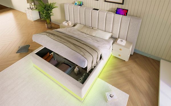 Polsterbett 180x200 cm, Leinenbezug, hydraulischer Bettkasten mit 360° LED und USB‑Typ‑C Ladefunktion,Beige