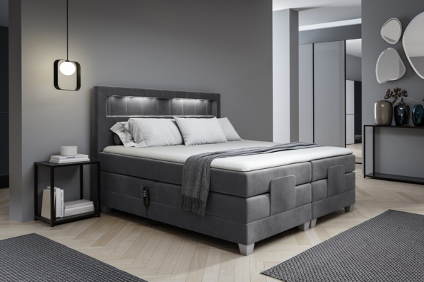 MEBLINI Boxspringbett Elektrisch ASPERO 180x200 cm mit Bettkasten und LED – H3/Dunkelgrau Samt Polsterbett - Doppelbett mit Toppers & Taschenfederkern-Matratzen