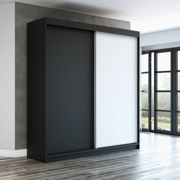 Schwebetürenschrank STIL 2-türig Schrank 180 cm (mit Spiegel) Farbe: Schwarz , weiß