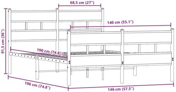 vidaXL Metallbett ohne Matratze Sonoma-Eiche 140x190 cm 4017120 Bild 8