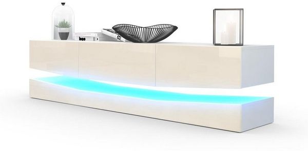 Vladon Lowboard City, TV-Kommode mit Sockelelement, 1 offenem Fach und 3 Schubkästen, Weiß matt/Creme Hochglanz, inkl. LED-Beleuchtung (178 x variabel x 39 cm)
