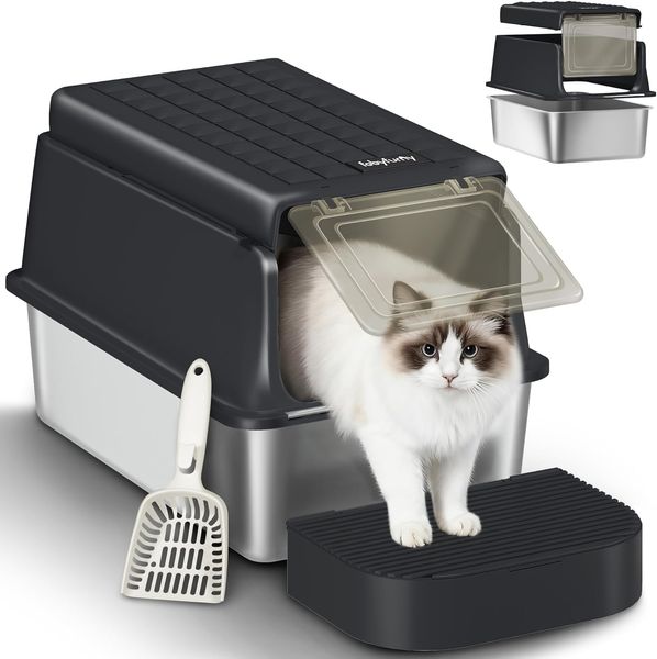 Edelstahl-Katzenklo mit Deckel, XXL Geschlossene Metall-Katzenklo, Katzentoiletten mit Schaufel und Fußstufe, Herausnehmbar, 120° Klappdeckel, Leicht zu Reinigen, Schwarz