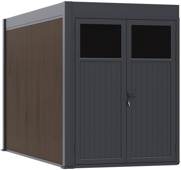 Weide Anbau-Gartenhaus 4x2m aus Gerätehaus Aluminium & WPC in Anthrazit & Teak