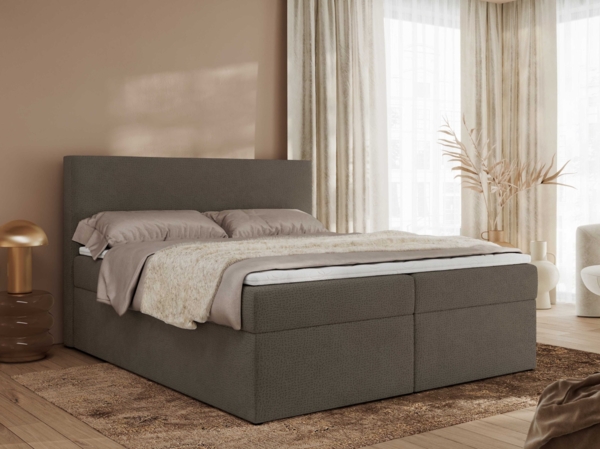 Boxspringbett mit Multipocket-Matratze und Topper, Doppelbett, Struktur dekostoff, Polsterbett mit Bettkästen - JAGUAR - 140 x 200 cm - Braun Struktur - H4
