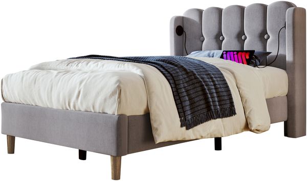 Polsterbett 90x200 cm mit USB‑Typ‑C-Ladefunktion, Leinenbezug und gepolstertem Panel-Kopfteil，Grau，Es gibt eine Matratze.