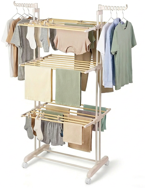 Todeco Wäscheständer Turm Klappbar 3 Ebenen, Metallrohre in Holzmaserung mit schwenkbaren Flügeln, Rahmen in Elegante Latte‑Elfenbein, Harmony Collection Turmwäscheständer auf Rollen