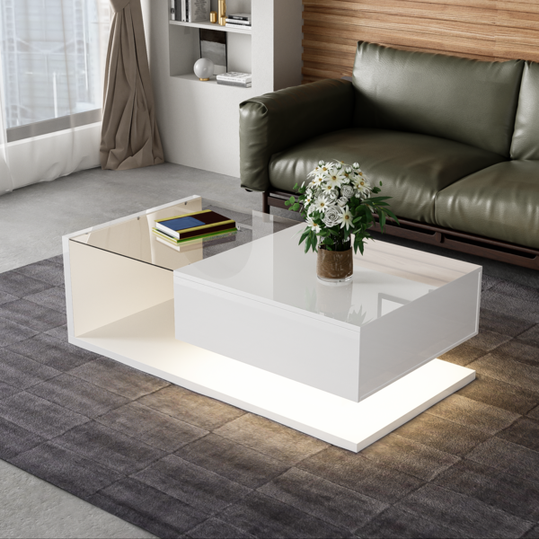 Couchtisch 105 x 55 x 32,5 cm in Weiß Hochglanz, mit Glasplatte, LED-Beleuchtung & Ablagefach