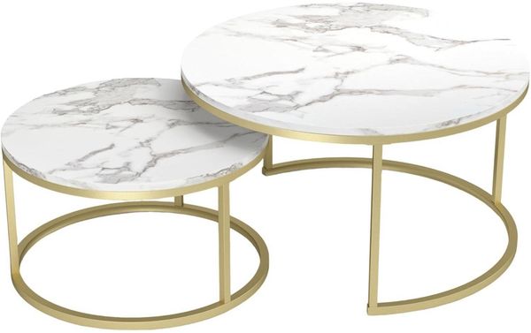 Runder Marmor Couchtisch Set Gold Weiß Modern 80 x 80 cm & 60 x 60 cm
