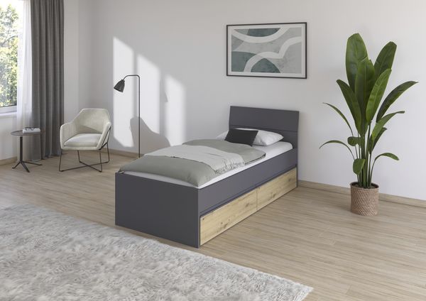 rauch Joel-Extra, Bett, mit 2 Schubladen, Farbe Grau metallic/Eiche Artisan, BxHxT 95x90x209cm