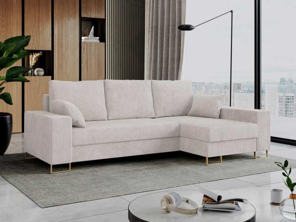 Mks Möbel 'Dorian L-Form' Ecksofa  mit Bettkasten, 242 x 138 x 95 cm, Weiß, Cord