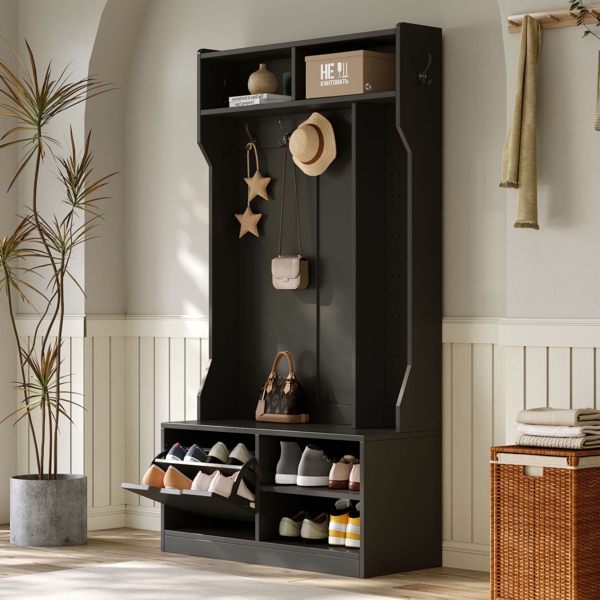 Merax Garderobenset, Komplett-Set Flurgarderobe mit Sitzbank, 6 Haken, 1 Türen & 4 Offener Lagerraum - Schwarz