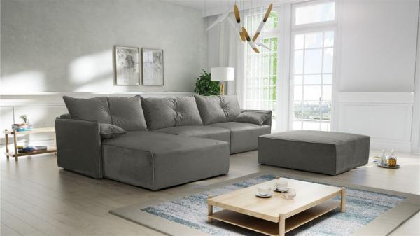 Ecksofa mit Schlaffunktion HUNTER in Royal Grau Ottomane Links inkl. Hocker