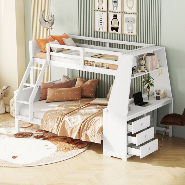 Flieks Etagenbett, Holzbett Kinderbett 90x200cm/140x200cm mit Schreibtisch und Stauraum