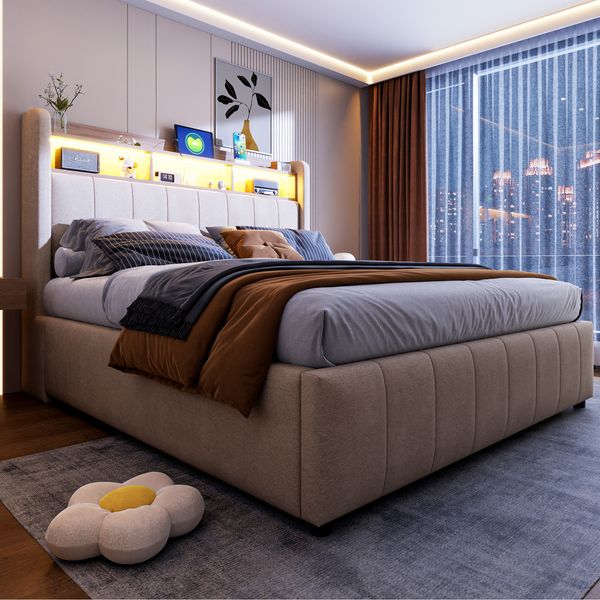 Polsterbett 140x200 cm mit LED-Beleuchtung, hydraulischem Stauraum, USB & Typ-C, Leinenstoff, Metallrahmen,Beige