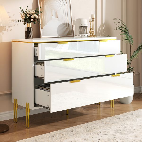 Sideboard Weiß Gold 6 Schubladen modern, Kommode mit Hochglanz Fronten, Aufbewahrungsschrank für Wohnzimmer Esszimmer Flur