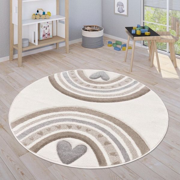 Paco Home Kinderteppich Cosmos 351, rund, Höhe: 16 mm, Kurzflor, Spielteppich, Motiv Regenbogen & Herz, Kinderzimmer